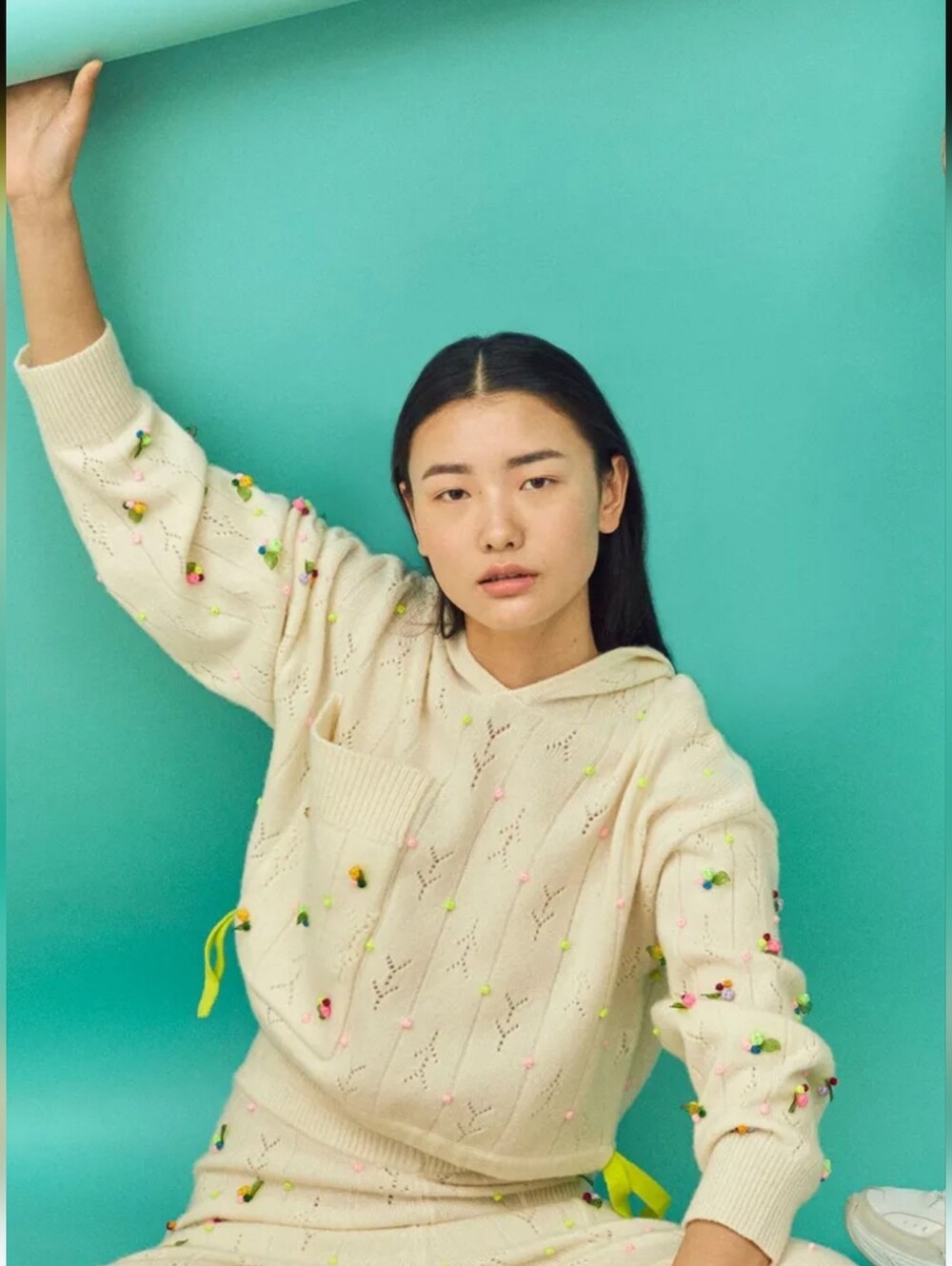 YanYan Yan Yan Knits Embroidered Sweater Lambswool Ivory Sz M Rosebud Hoodie